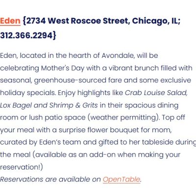 a text snippet of eden seleted as best chicago restaurant to celebrate mother's day at by dineit4ward