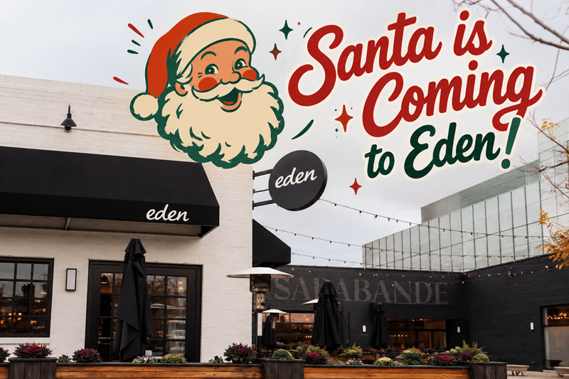 Holiday graphic of Santa Claus over a sandwich shop storefront with text that reads Santa is Coming to Eden!.